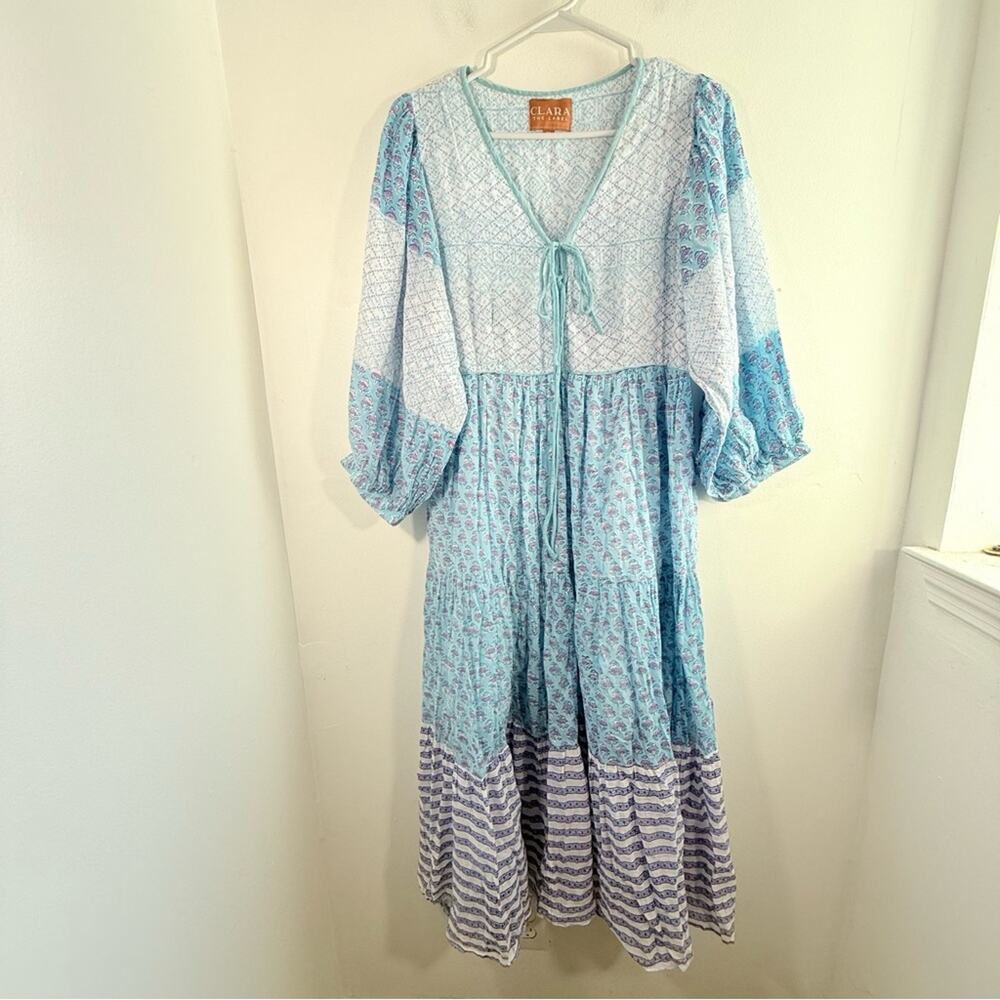 Clara The Label Blue Floral Block Print Tiered Balloon Sleeve Maxi Dress Medium
